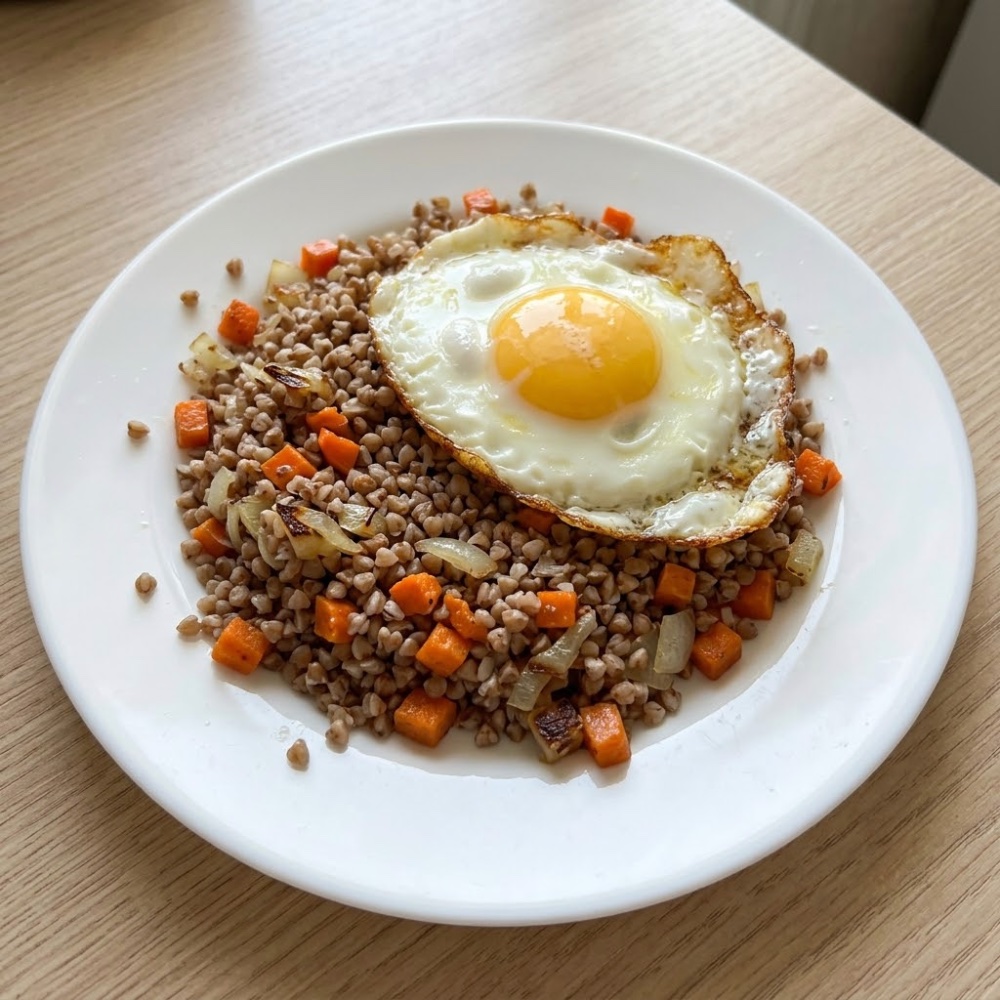 Гречка с жареными овощами и яйцом
