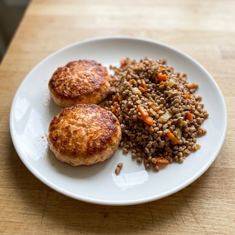 Котлеты лососевые с гречкой