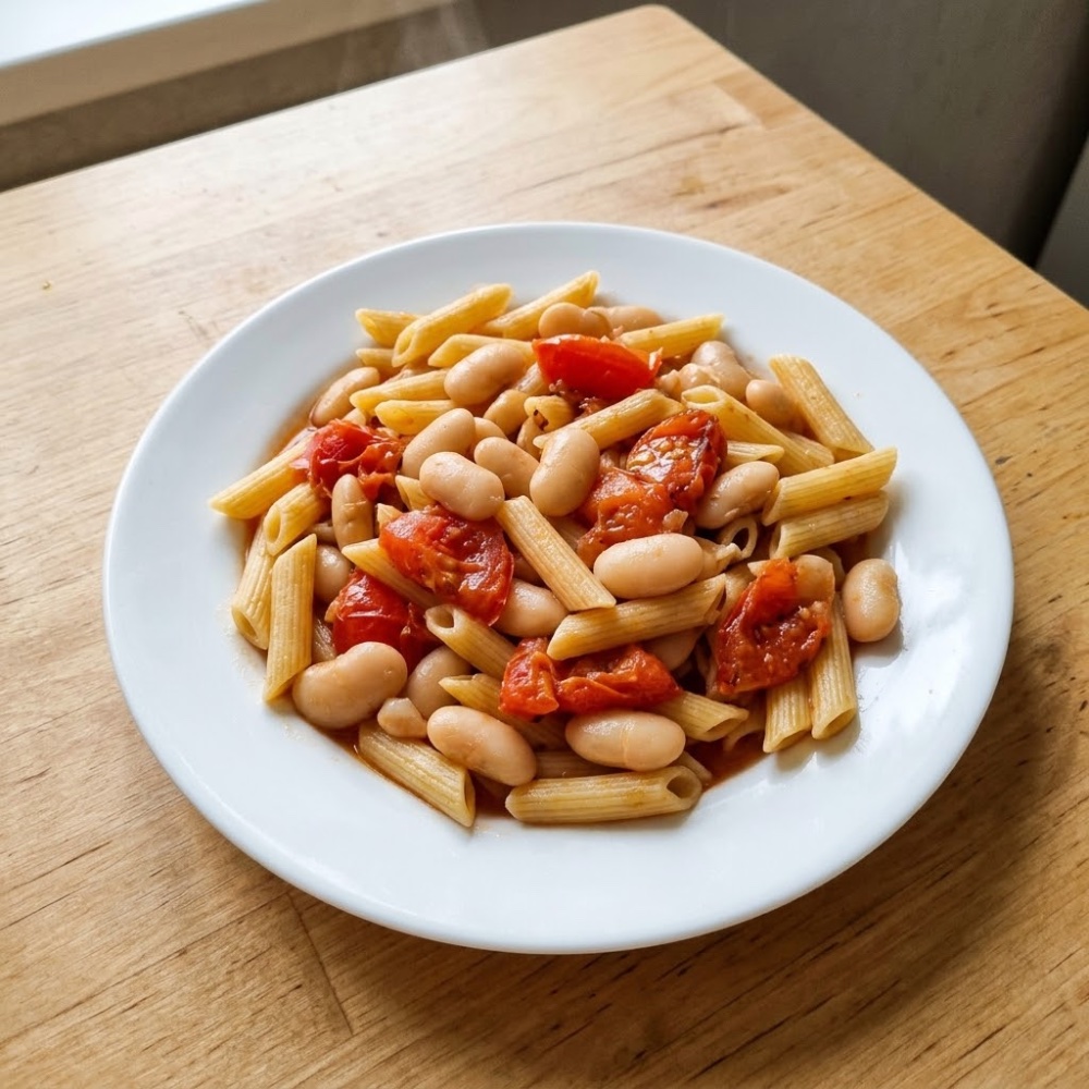 Макароны с белой фасолью и помидорами