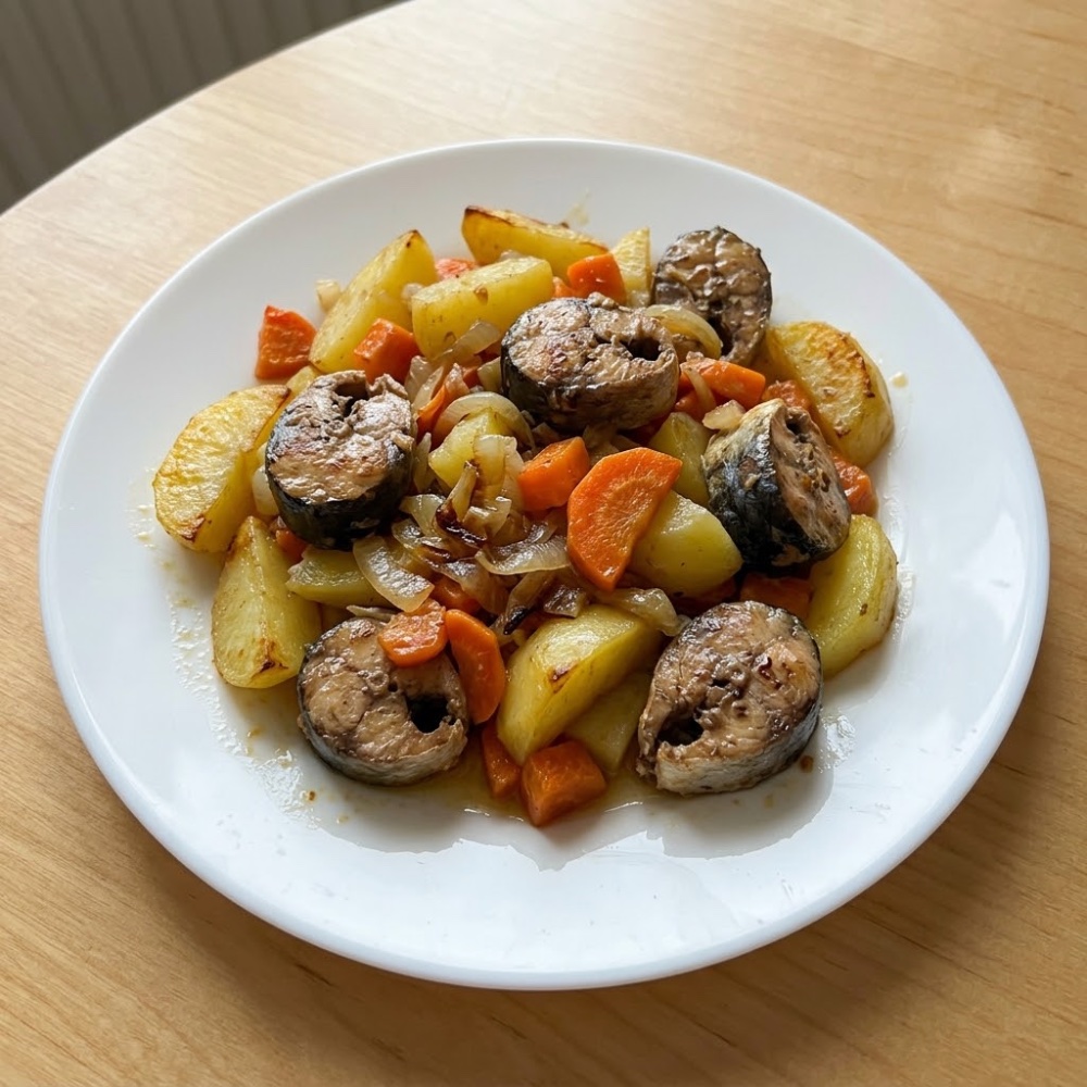 Сайра с овощами на сковороде